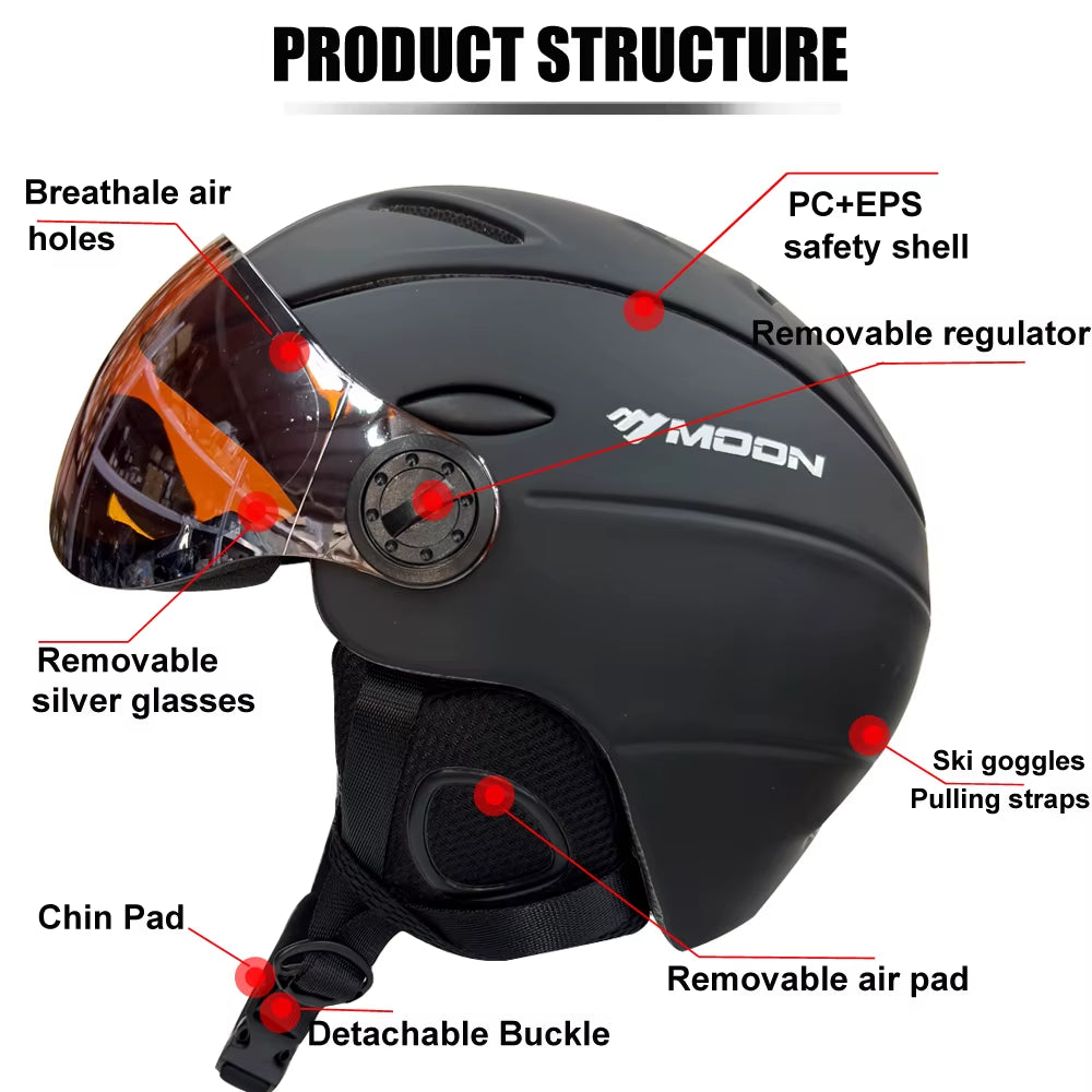 MOON Professional Half-Covered Ski Helmet Integrally-Molded Sports Man Women Snow Skiing Snowboard Helmets with Goggles Visor